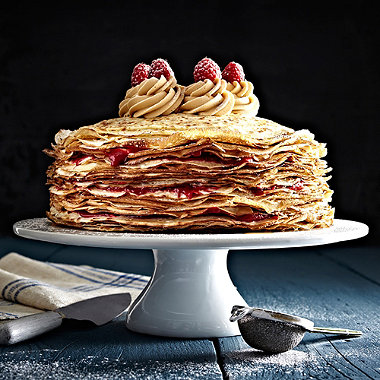 The Crepe Cake with Caramelised Biscuit Spread and Raspberries
