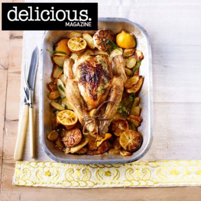 Roast lemony tarragon chicken with juicy new potatoes
