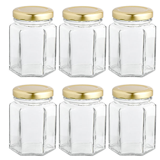 6 Hexagonal Mini Glass Jam Jars With Lids 110ml image(1)