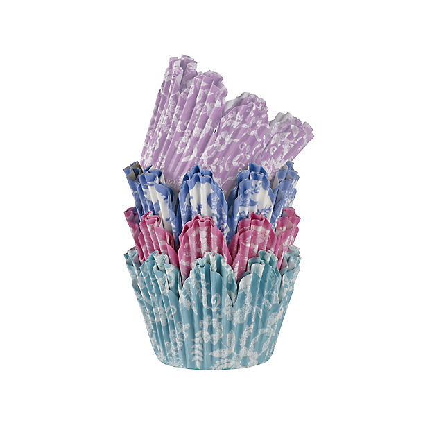 48 V&A Lace Greaseproof Cupcake Cases - Pink & Blue Fluted image()