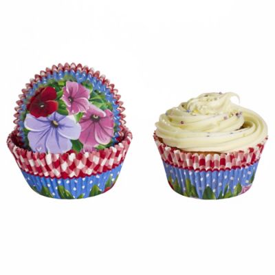 50 Lakeland Greaseproof Cupcake Cases - Pansy Flower & Gingham image()