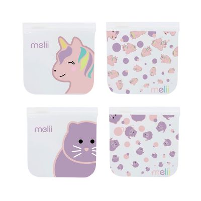 Melii EVA Reusable Snack Bags - Cat and Unicorn Pack of 4