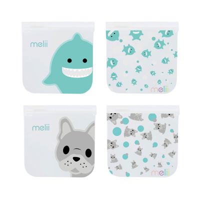 Melii EVA Reusable Snack Bags - Bulldog and Shark Pack of 4