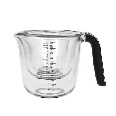 Mainstays Clear Plastic Angled 2 Cup Measuring Cup with Measurements  Labeled in Black. 