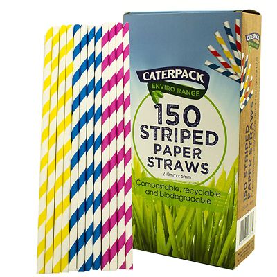 Caterpack Candy Striped Paper Straws Pink, Blue And Yellow Pack Of 150 image(1)
