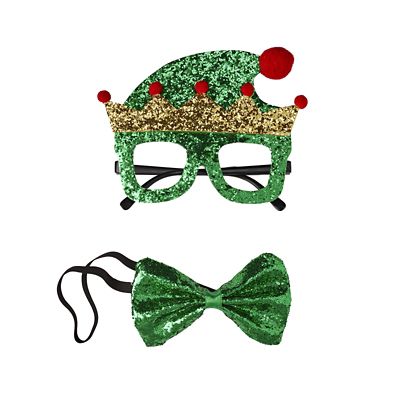 Glittery Elf Funglasses and Bow Tie Christmas Accessories - (Image 1)