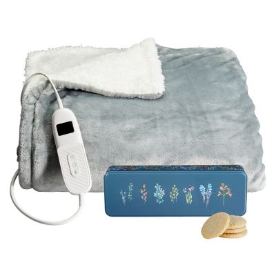 Lakeland Sherpa Heated Throw and Biscuit Tin Gift Bundle Lakeland