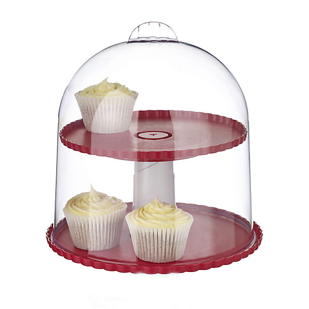2 Tier Cupcake & Cake Display Stand With Clear Lid - Holds 22cm Cakes image()