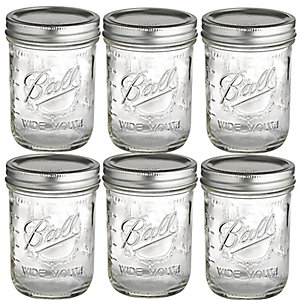 6 Ball Wide Mouth Embossed Glass Jam Jars and Lids 473ml