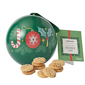Lakeland Mini Chocolate Chip Bites in a Bauble Shaped Christmas Biscuit Tin 200g