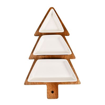 Christmas Tree Shaped Wooden Platter with Serving Bowls